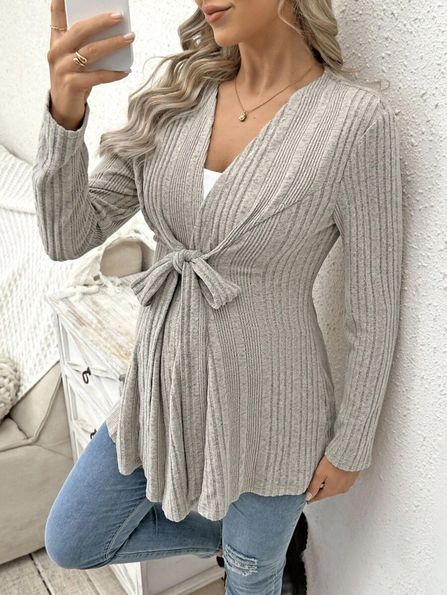 SHEIN Pregnant Women's Solid Color Regular Shoulder Long Sleeve Striped Casual Drawstring Regular Jacket - Khaki - View 1