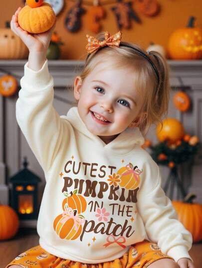 SHEIN Happikins Cream-Colored, Adorable Halloween Bow & Pumpkin Pattern "Cutest Pumpkin In The Patch!" Baby Girl Casual Minimalist Long Sleeve Hooded Thick Sweatshirt, Suitable For Autumn/Winter, Pumpkin Season, Autumn Outfits For Easy Comfort, Autumn Layers For Baby & Girls, Stylish Baby Girl, Casual Wear, Baby Girl Halloween Graphic Clothes, Fall Clothes