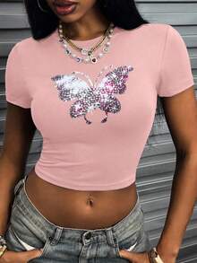 INAWLY Camiseta corta de manga corta casual con cuello redondo y decoración de strass, para verano