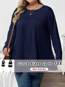 SHEIN CURVE+ 大码女式纯色简约圆领长袖T恤 - 藏蓝色 - 查看 1