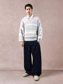 SUMWON Regular Gradient Fade V Neck Knit Sweater Pastel Color Block Winter Casual Long Sleeve Jumper Soft Cozy Pullover