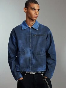 ROMWE MEN Street Life Áo khoác denim dáng rộng thoải mái có khóa kéo phía trước dành cho nam, mùa thu - Màu xanh hải quân - Xem 1