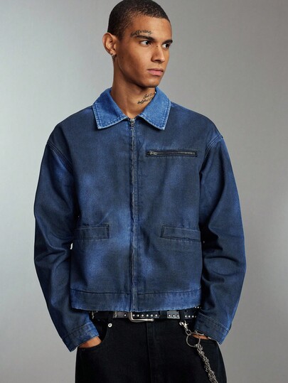 Street Life Chaqueta vaquera casual y holgada con cremallera delantera para hombre, otoño