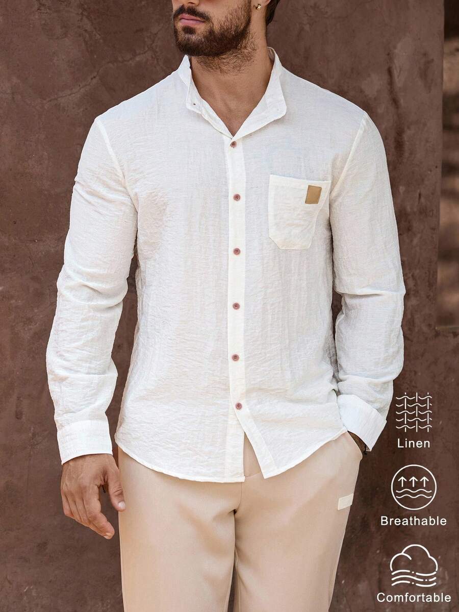 Manfinity Homme Camisa de manga larga con botones delanteros y bolsillo, unicolor casual para hombres, camisa de lino blanca para hombres en otoño