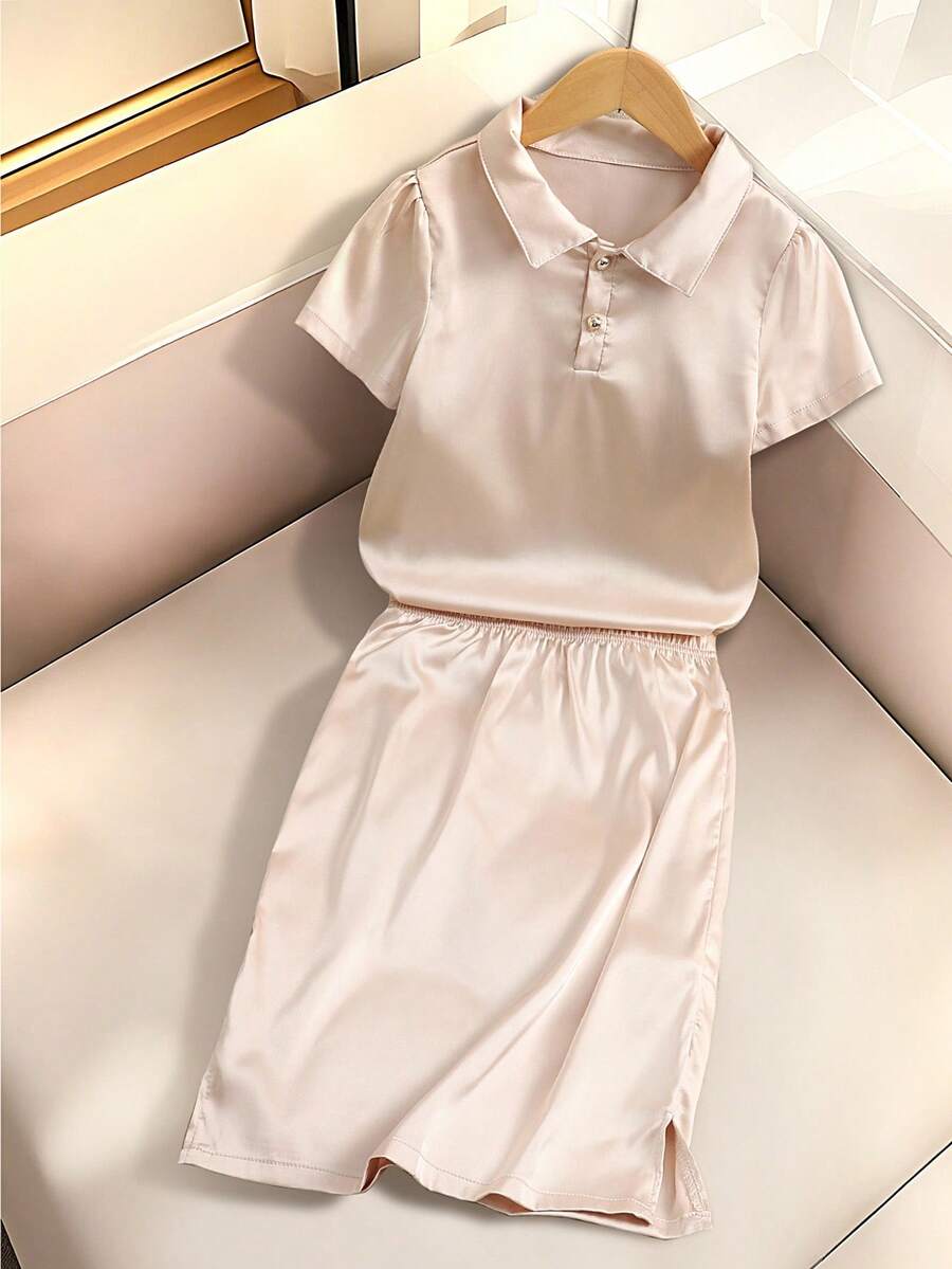 SHEIN 青少年女孩纯色马球领短袖上衣和迷你裙休闲装 - 白色 - 查看 1