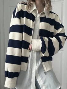 FRIFUL 女士圆领前开条纹面料宽松灯笼袖厚学院风长袖运动衫夹克 - 黑色 - 查看 6