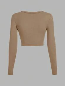 SHEIN EZwear 3件套休闲U领紧身短款长袖T恤，深棕色，卡其色，浅杏色，适合秋冬 - 彩色 - 查看 4