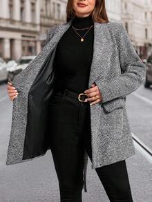 SHEIN Clasi Abrigo de tweed gris con cintura ceñida para mujer de talla grande, abrigo exterior de moda gris para otoño e invierno, abrigo casual elegante para la oficina, el transporte y el uso diario - Gris - Ver 7