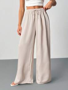 SHEIN Tall Quần ống rộng ống rộng buộc eo màu trơn cho nữ, quần mặc mùa thu, quần sang trọng cho nữ, tiệc cưới, quần dài bằng vải satin, hiệu ứng bóng, giản dị và thoải mái. đi chơi - Màu be - Xem 4