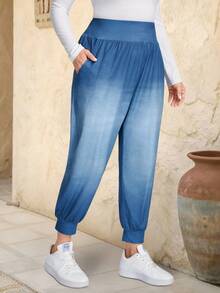 EMERY ROSE 大码休闲牛仔效果印花慢跑裤 - 藍色 - 查看 3