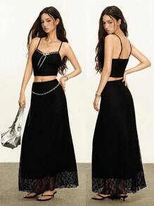 Rina Fox Y2K风格女式两件套蕾丝吊带上衣和裙子 - 黑色 - 查看 1