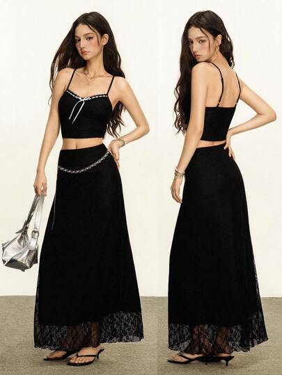 Rina Fox Y2K风格女式两件套蕾丝吊带上衣和裙子