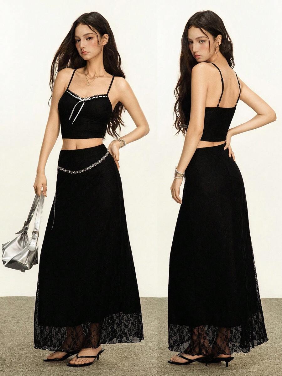 Rina Fox Y2K风格女式两件套蕾丝吊带上衣和裙子 - 黑色 - 查看 1