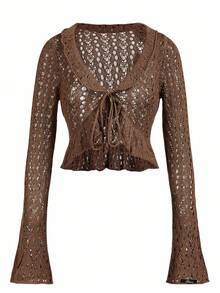 Y2Kool BiGraphic Suéter de mujer con cuello en V y ribete de volantes, blusa de encaje marrón, blusa de ganchillo marrón, blusa de manga larga marrón, blusa de punto marrón, blusa marrón de mujer para el invierno de uso casual