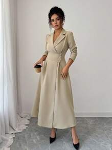 Elenzga Váy dài tay cổ bẻ thanh lịch, lãng mạn cho kỳ nghỉ và công sở - Màu Khaki - Xem 1