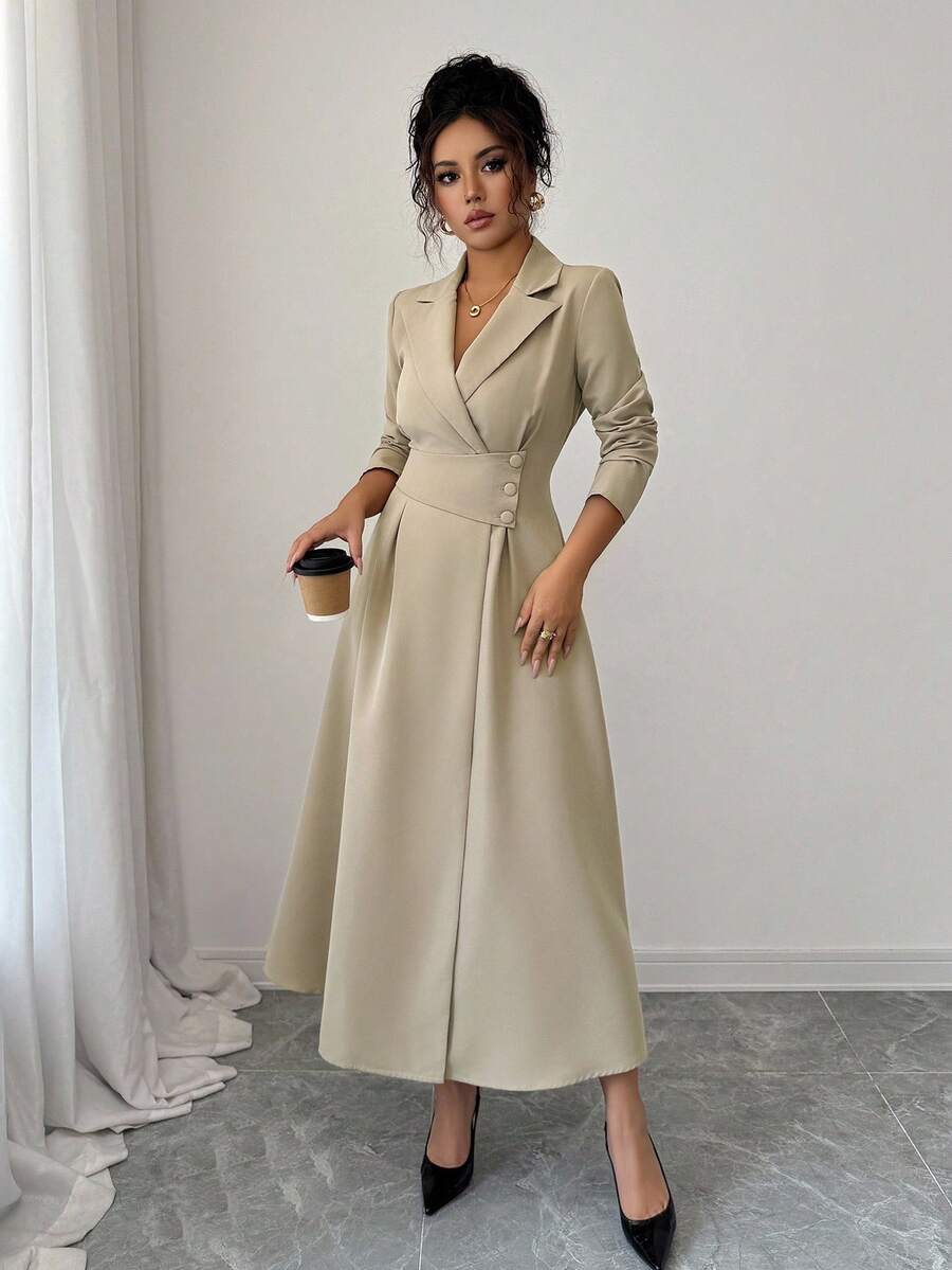 Elenzga Váy dài tay cổ bẻ thanh lịch, lãng mạn cho kỳ nghỉ và công sở - Màu Khaki - Xem 1