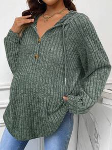 SHEIN 孕妇休闲罗纹连帽长袖运动衫绿色毛衣女士毛衣连帽毛衣女士长款毛衣纽扣毛衣 - 橄欖綠 - 查看 4