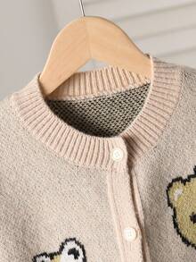 SHEIN Young Girls Crew Neck Cardigans, Autumn/Winter Sweater Jackets With Cute Bear Jacquard Decoration, Suitable For Casual Wear, Outings And Travel - Khaki - View 3