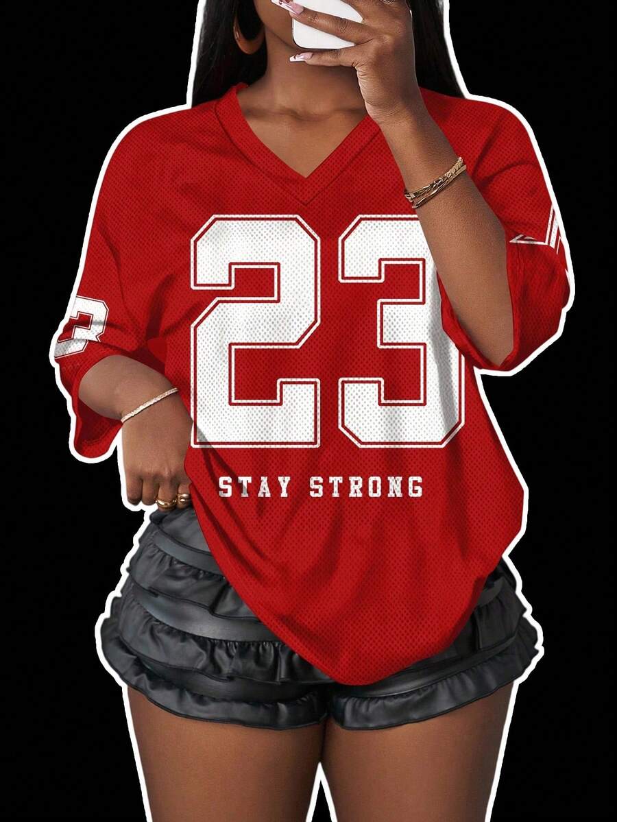 Slaydiva Plus Size Minimalist Number Print V-Neck T-Shirt, Casual Sporty Style, Suitable For Summer - Red - View 1
