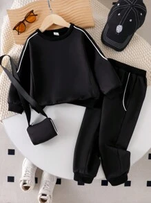 SHEIN 2件套少女条纹圆领休闲运动衫和运动裤套装 - 黑色 - 查看 8