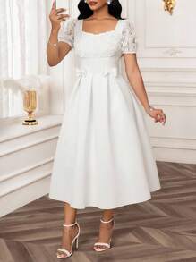 SHEIN Lady Vestido de manga corta con cintura ceñida, decoración de lazo 3D y estampado de rosas blancas