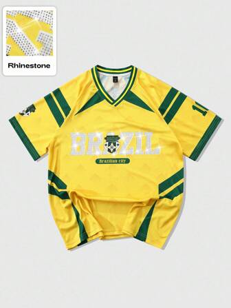 Prep Conjunto de camisetas para hombres, camiseta deportiva de fútbol de Brasil con gráfico impreso de insignia en inglés "BRAZIL", ropa de calle de fútbol de manga corta
