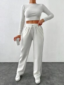 EURMUSE Women's Elastic Waist Contrast Side Jogger Pants - White - View 5