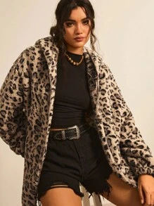 SHEIN LUNE 大码女式豹纹双面蓬松连帽夹克 - 彩色 - 查看 5