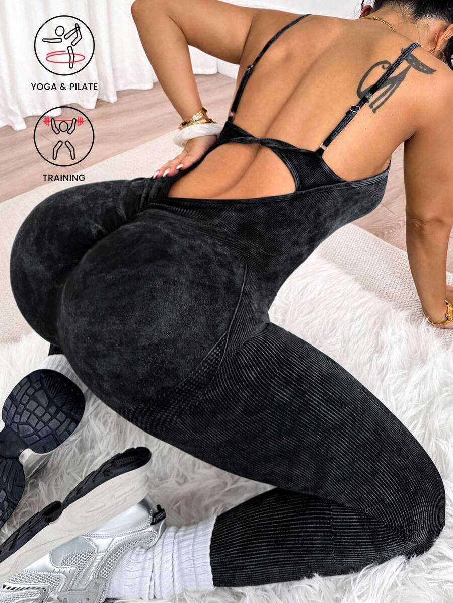 Slayform 1 件大码女式水洗做旧扭纹背部无袖连体裤,适合瑜伽、舞蹈、体操、健身 - 黑色 - 查看 1