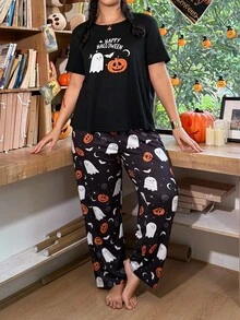 SHEIN Halloween Element Print Plus Size Knit Short Sleeve Pajama Set - Black - View 4