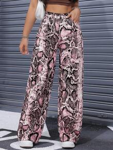SHEIN Unity 女士高腰蛇皮印花阔腿宽松休闲牛仔裤 - 彩色 - 查看 5