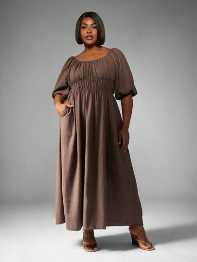 MISSGUIDED PLUS Plus Size Empire Waist Puff Sleeve Maxi Dress Elegant Fall Winter Square Neck Boho Peasant Long Wedding Guest Holiday Party Outfit
