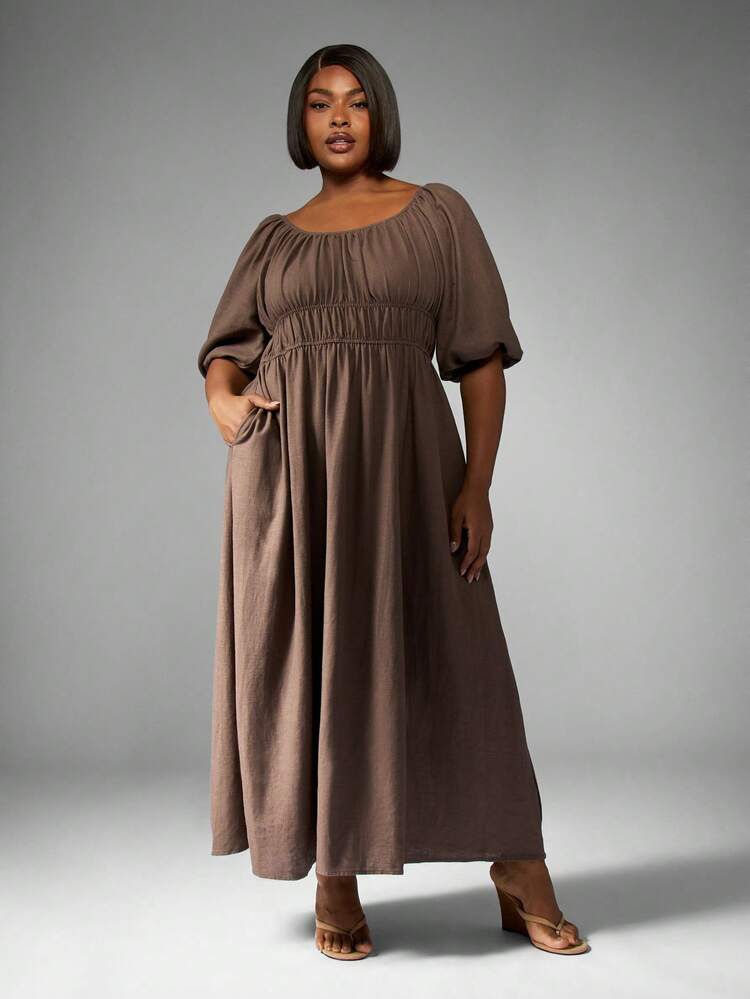 MISSGUIDED Plus Size Empire Waist Puff Sleeve Maxi Dress Elegant Fall Winter Square Neck Boho Peasant Long Wedding Guest Holiday Party Outfit