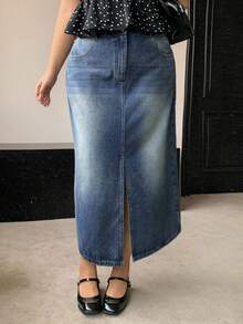 Dazy Plus Chân váy Maxi denim xẻ tà thẳng phía trước màu xanh nhạt, cỡ lớn, mùa thu - Rửa trung bình - Xem 6