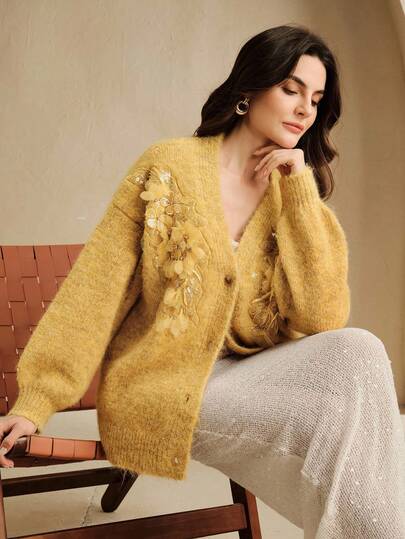 Anewsta 优雅纯色针织开衫，高密度亮片 3D 花卉装饰，V 领休闲针织夹克，女士秋冬