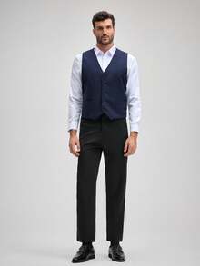 OFFICEAU Men 1pc Button Front Waistcoat, Formal Business, Old Money Spring To Summer - Navy Blue - View 5