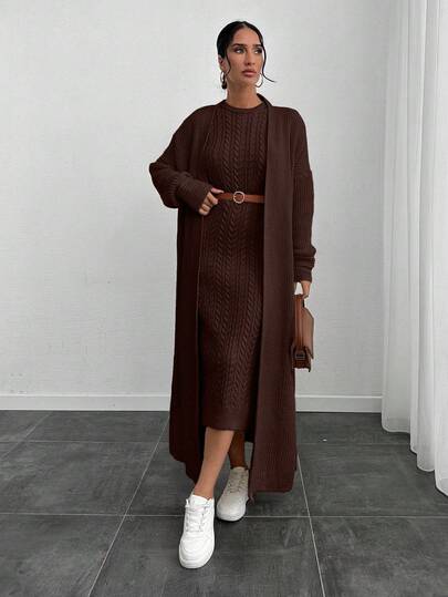 EURMUSE Women's Autumn/Winter Dropped Shoulder Long Sleeve Thick Cable Knit Cardigan And Knit Dress 2 Pieces Set,Co Ord