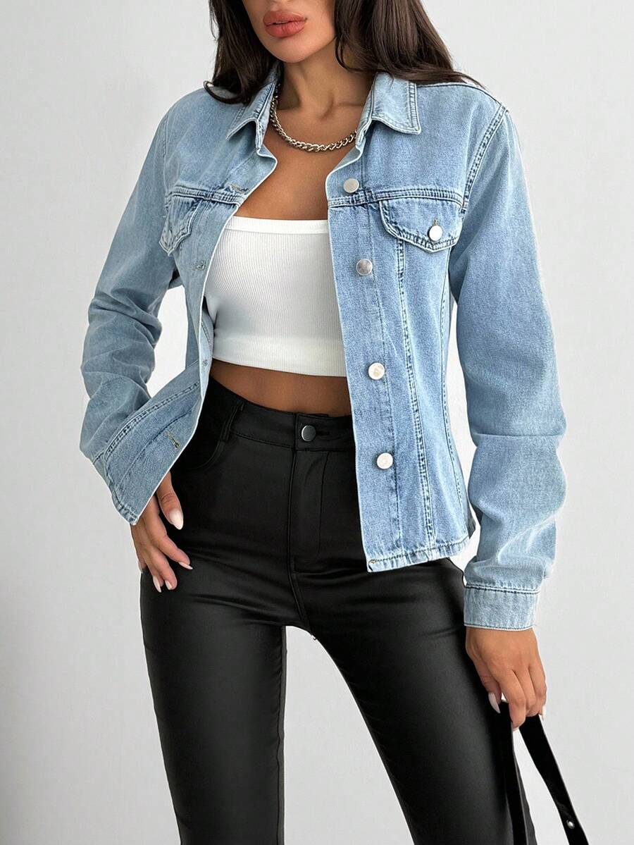 EURMUSE Women's Casual Washed Fitted Denim Jacket - Medium Wash - View 1