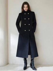 Aveloria Modichic 粗花呢面料纽扣装饰优雅精致设计感宽松长款女士大衣外套 - 黑色 - 查看 1