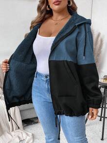 EMERY ROSE Plus Size Casual Color Block Patchwork Thermal Lined Hooded Jacket Winter Fall Autumn - Navy Blue - View 4