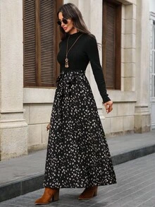 EMERY ROSE Women's Floral Print Stand Collar Elegant Long Sleeve Dress Maxi Long Sleeve Dress Long Casual Dress Animal Print Maxi Dress Modest Maxi Dress Black Tie Waist Maxi Dress Fall Clothes For Women,Fall Dresses For Women,Dresses For Women Elegant  Dresses For Women Elegant  Dresses For Women Elegant