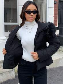 DAZY Women's Autumn/Winter Fitted Padded Coat With Furry Collar And Waist Drawstring Jacket - Black - View 12