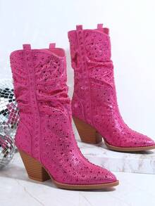 SHUZIA Metallic Rhinestone Detail Slip On Slouchy Boots - Red Violet - View 2