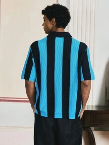 Manfinity VCAY Men's Striped Short Sleeve Single-Breasted Casual Knit Top, For Fall, Winter - Blue - View 6