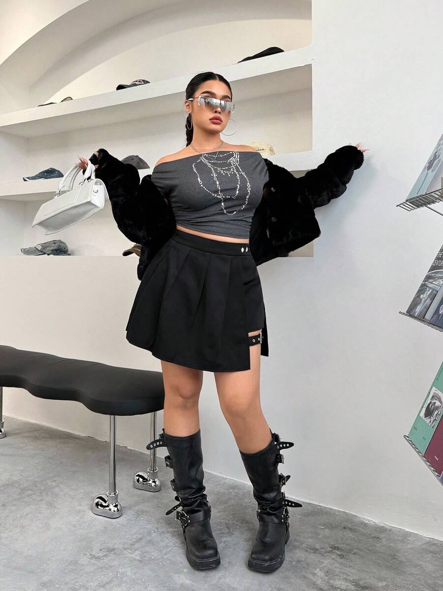 SHEIN EZwear 大码女式纯色褶皱侧扣眼下摆迷你裙