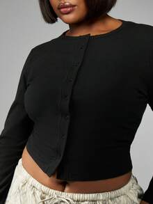 MISSGUIDED PLUS Plus Size Black Crop Cardigan Long Sleeve Button Up Ribbed Knit Top Fall Winter Basic Layering Essential Casual Daily Wear - Black - View 5