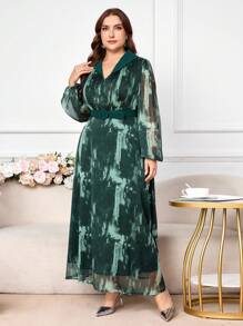 Modelyn Vestido elegante de manga farol con malla efecto tie-dye para mujer de talla grande, lujoso y elegante