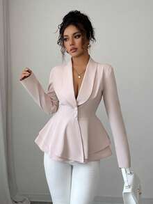 Elenzga Elegant Commuter Barley Collar Cinched Waist A-Line Blazer - Pink - View 4