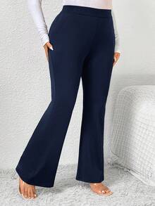 SHEIN Frenchy Plus Size Solid Color High Waist Slim Fit Casual Pants For Women Bell Bottom Pants Flared Pants Navy Blue Pants Flare Leg Pants Bootcut Pants - Navy Blue - View 5