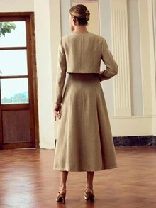 ZEYLAH Women's Floral Decor Long Sleeve Cardigan And Dress Elegant 2 Pieces Set Fall Cloth For Women